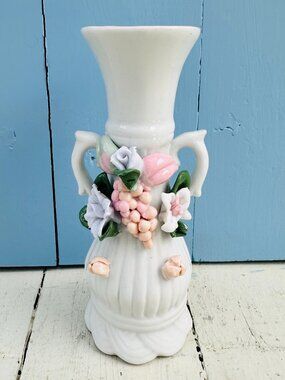 Vintage 1950's Capodimonte Style Ceramic Vase Cottagecore Floral Rose Vase
